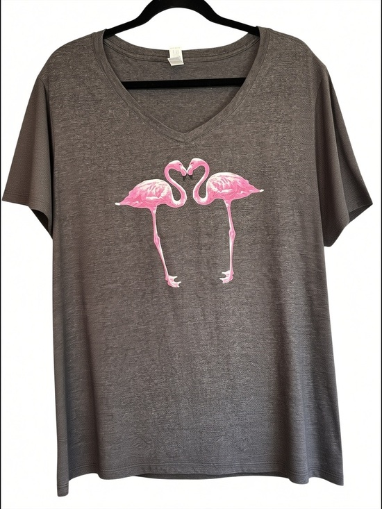 Port and Company Tops - Port & Company 3XL Heather Gray Pink Flamingo Graphic V-Neck T-Shirt